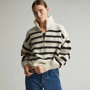 Everlane Striped Black/White Felted Wool Quarter Zip Sweater Size L